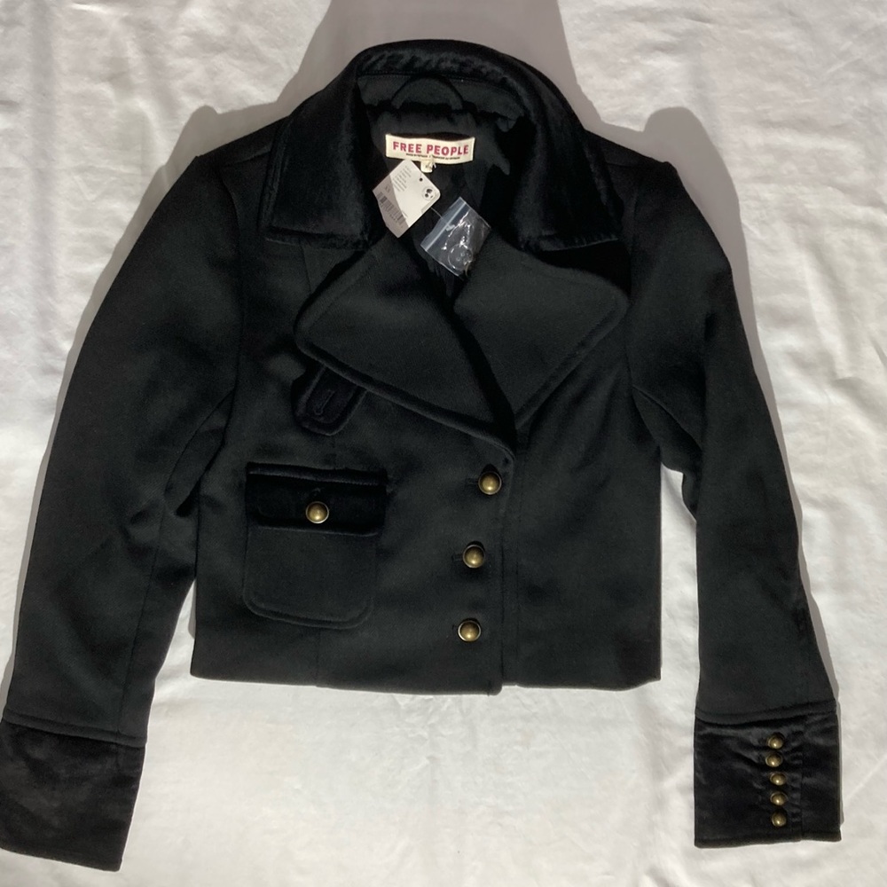 Free People Black Peacoat with Notched Lapel and Cropped Fit